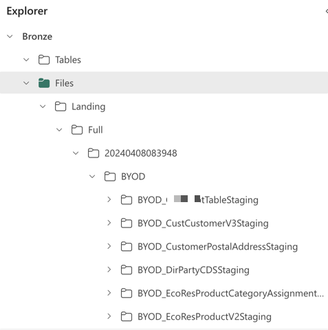 Screenshot of the Microsoft Fabric Lakehouse for the Bronze layer of the medallion architecture. 