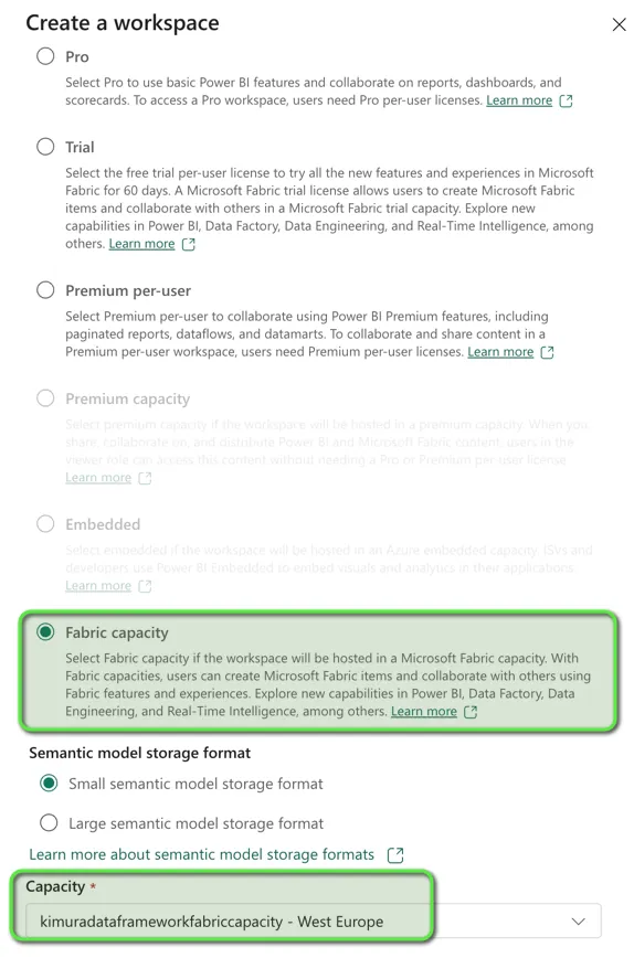 Screenshot of the 'create workspace' form in the Microsoft Fabric portal, showing how to create a workspace using the 'Fabric Capacity' licensing type. 